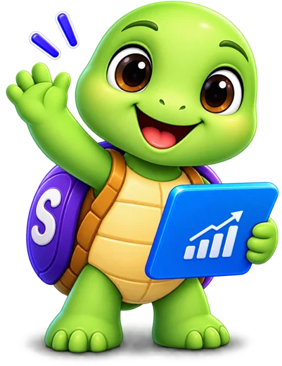 Shelly the shEdge tortoise waving, holding a tablet with a growth chart